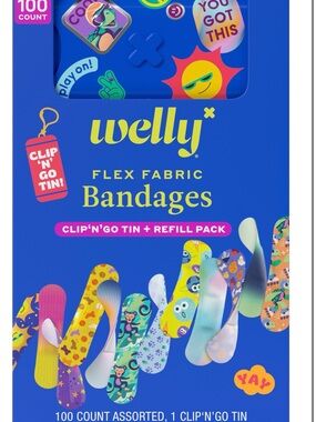Welly 100 Flex Fabric Bandages + Clip n’ Go Tin + Refill pack